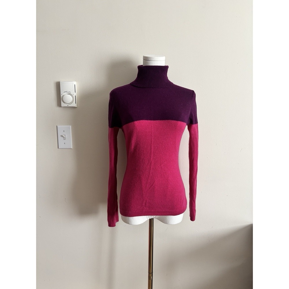 Garnet Hill XS 100% Cashmere Sweater‎ Color Block Turtleneck Purple Pink *FLAW